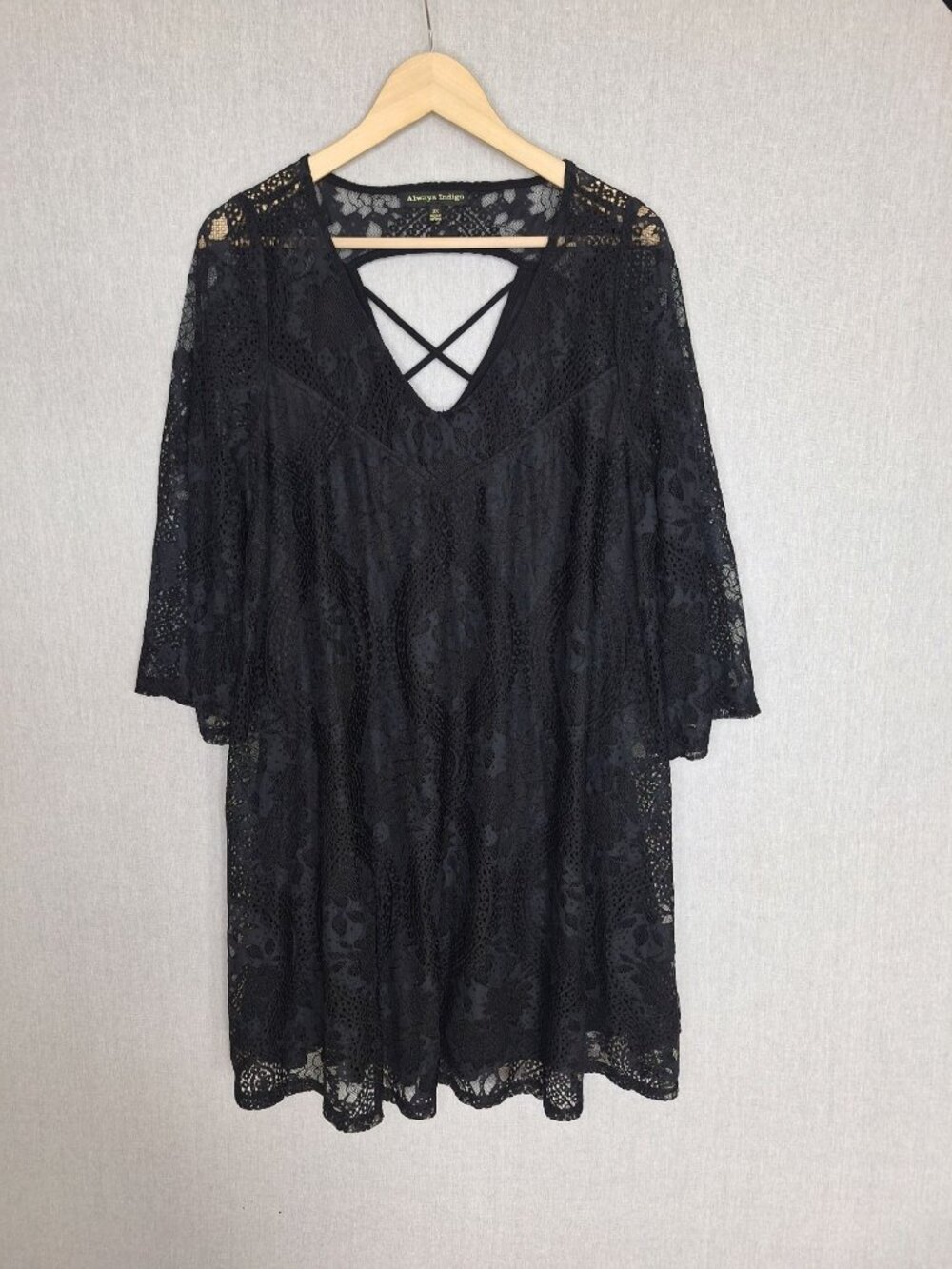 💙 Always Indigo Black Lace Tunic Dress Criss Cross V Neck Size 2X Bell Sleeve